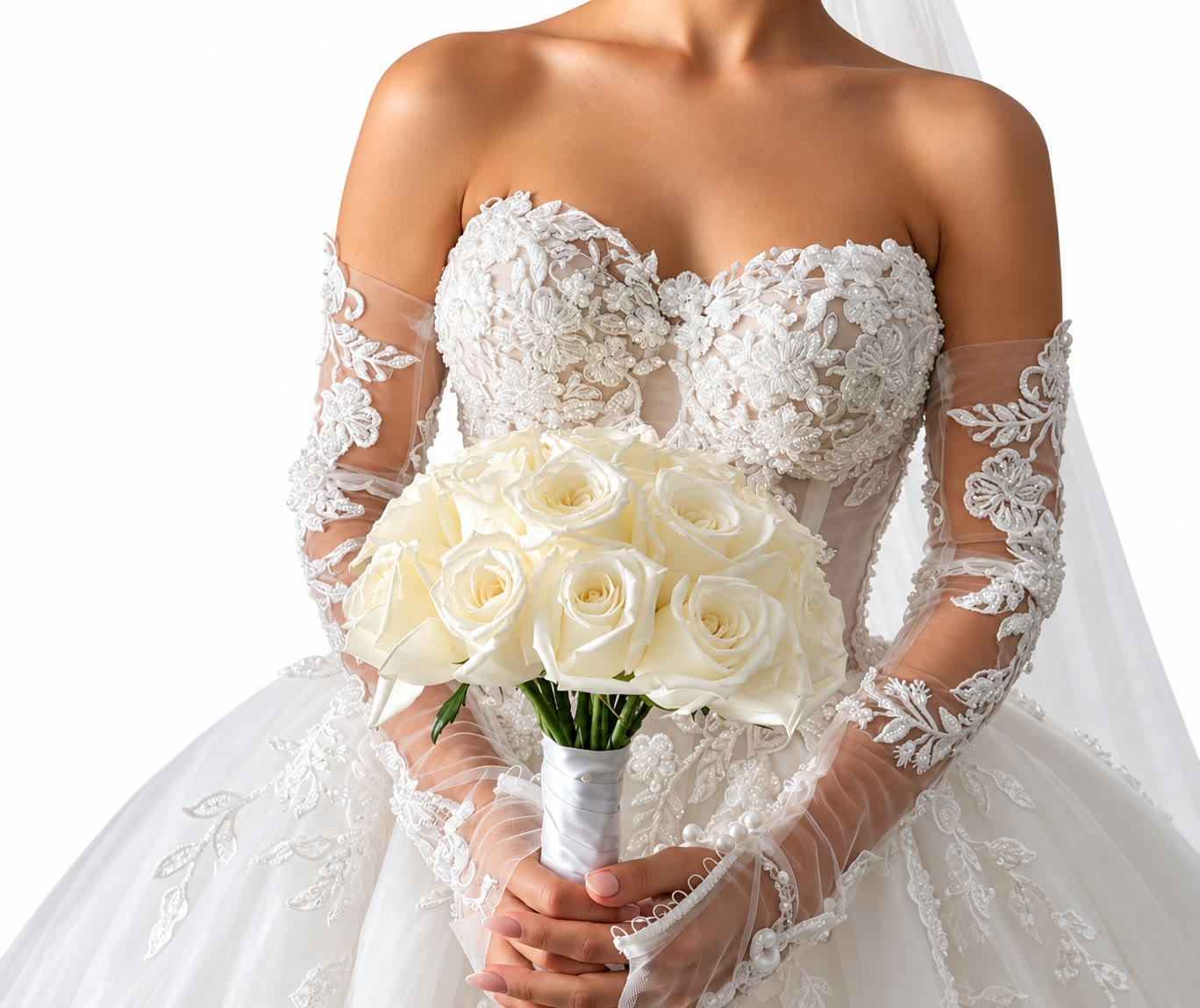 Bride in a lace gown holding a white rose dome bouquet