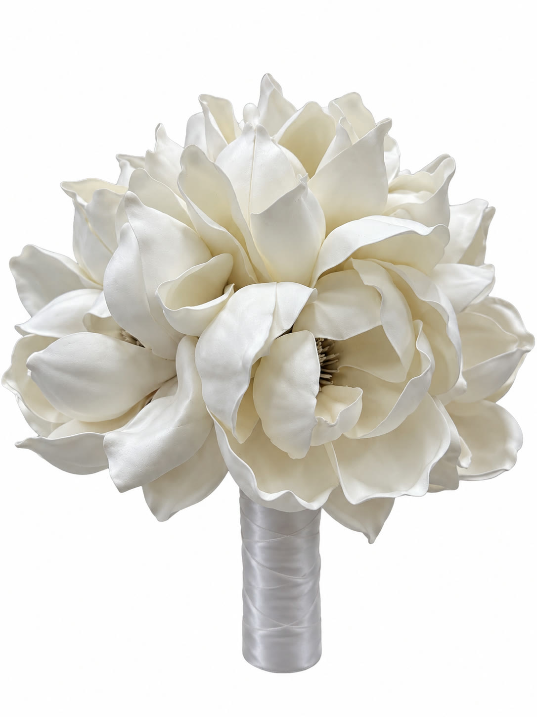 Artificial white magnolia bridal bouquet with a satin-wrapped stem