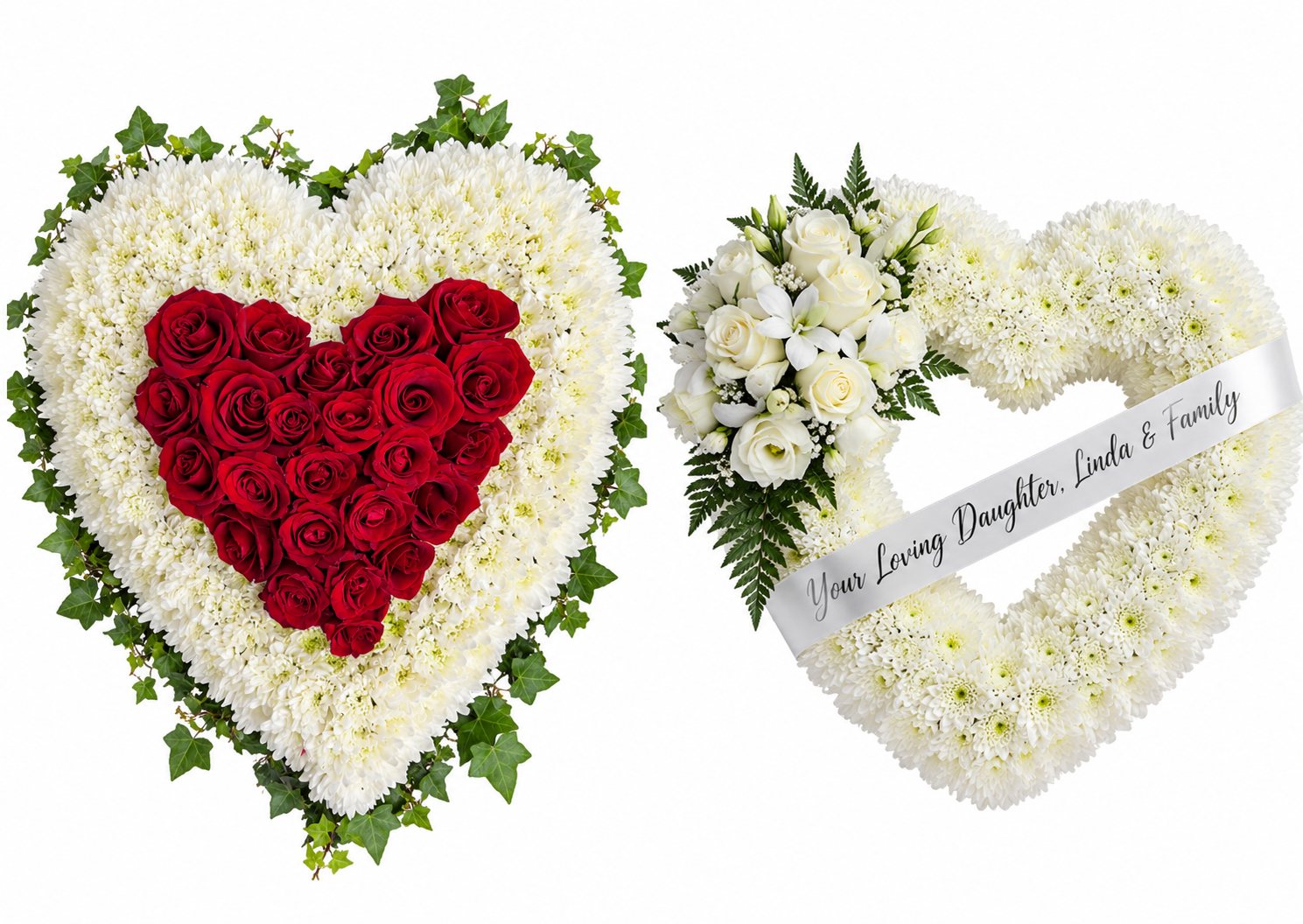 A closed heart of red roses in white chrysanthemums, and an open white heart tribute