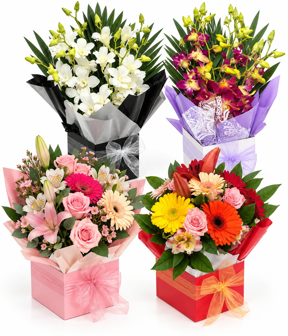 Four mini box arrangements in white, purple, pink and red-orange colourways