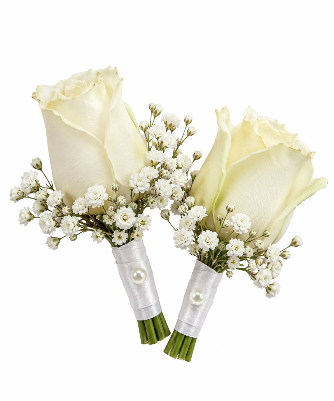 Two white rose and baby's breath buttonholes with pearl pins